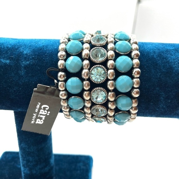 Sparkly Crystal & Blue Wide Stretch Cuff Bracelet Silver-tone Blues 2” wide - Picture 1 of 8